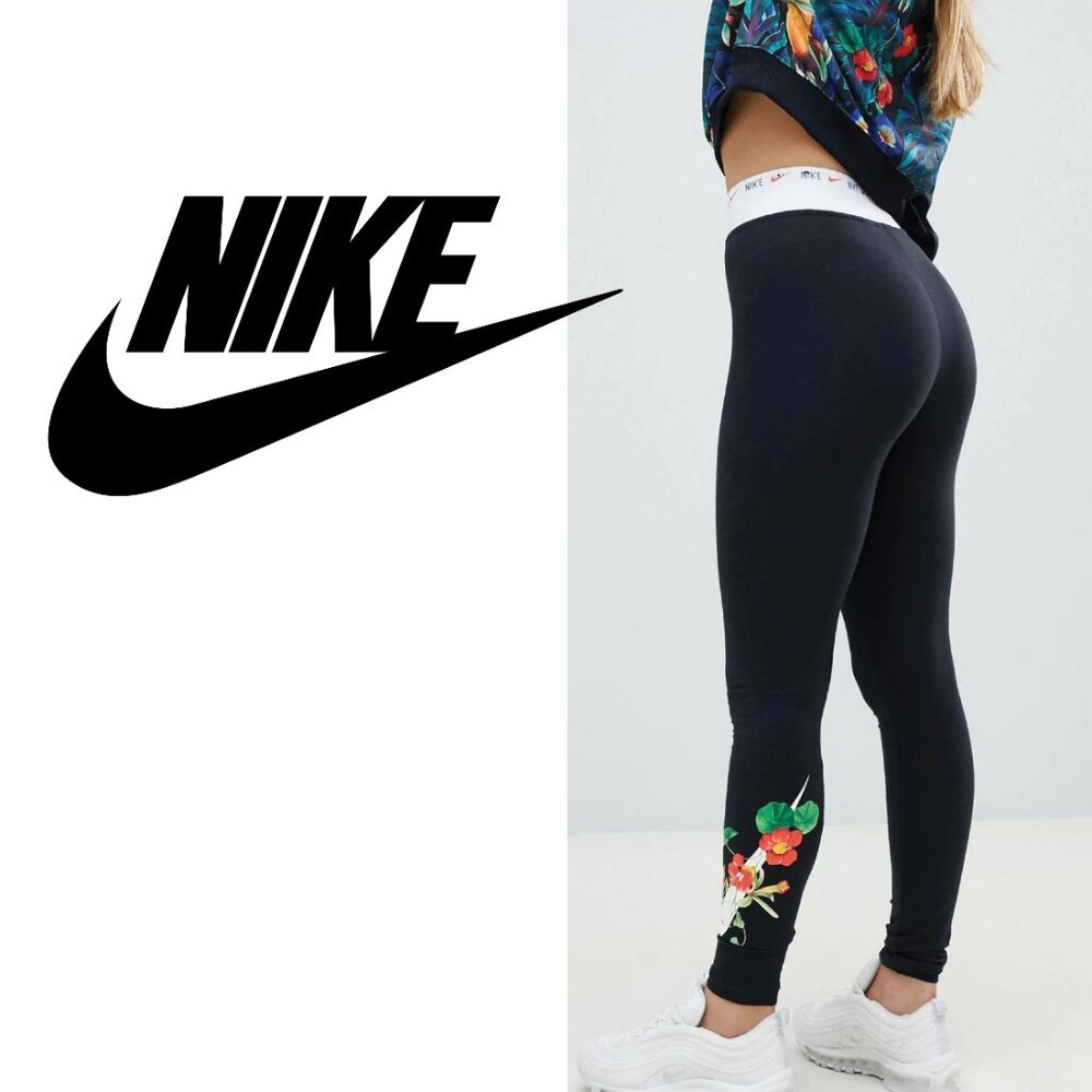 EUC Nike Black Hyper Femme Floral Logo High Rise Leggings Sz S - Picture 2 of 11